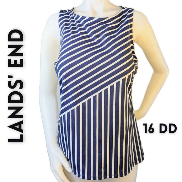 Lands End Tankini Swimsuit Top 16 DD Blue White Stripe High Neck Nautical UPF 50 - Picture 4 of 10